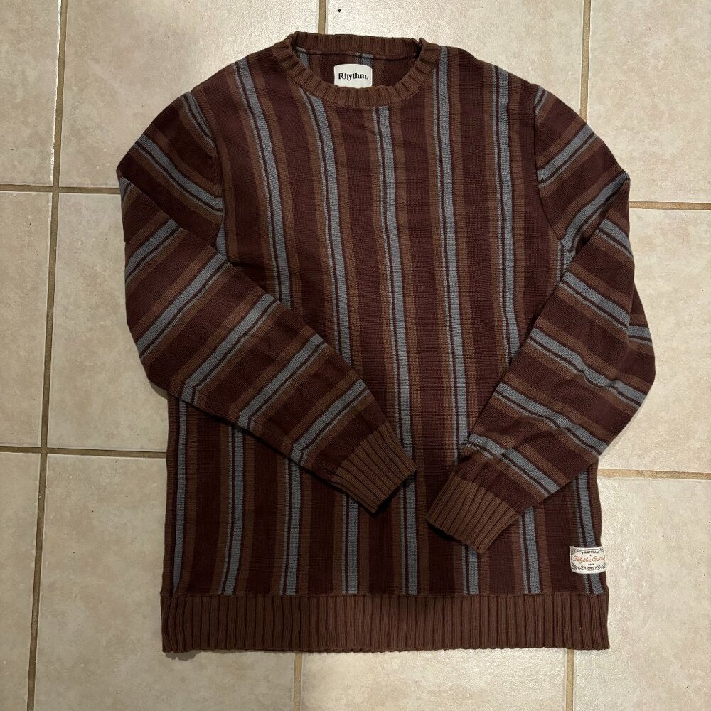 Rhythm Customs Vertical Striped Sweater in Chocolate & Blue; Men's Medium